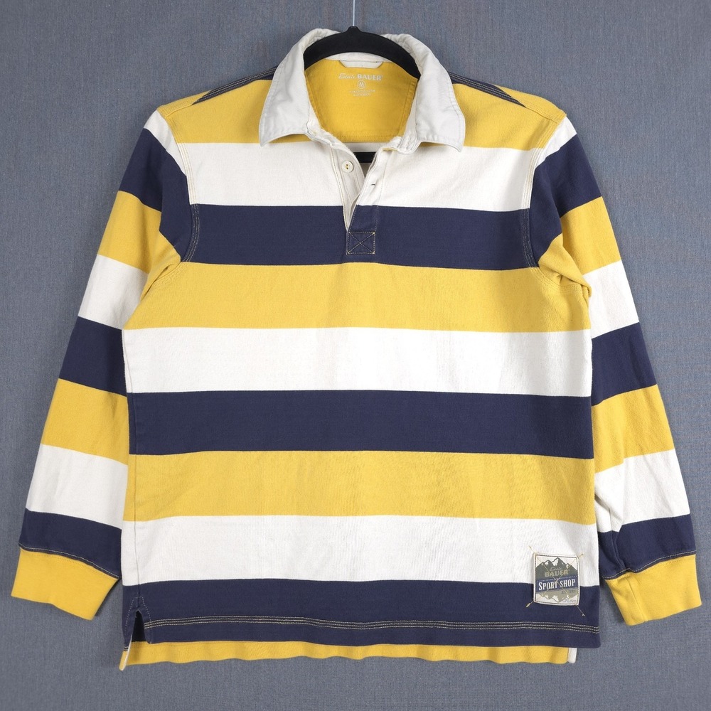 Eddie Bauer Rugby Polo Shirt Mens Medium Yellow Blue Striped Sport Shop